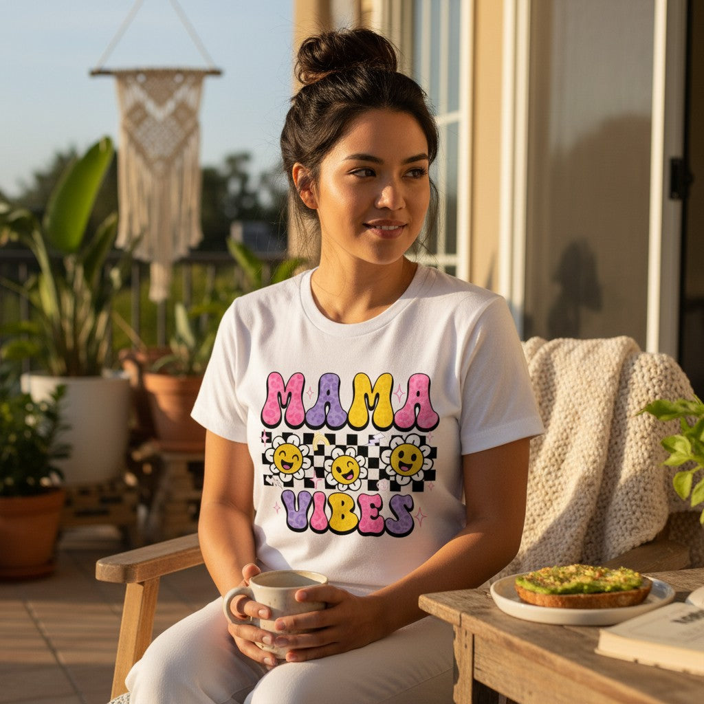 Colorful Smiley Daisies Mama Graphic Tee Soft Ring-Spun Cotton Everyday Style Top