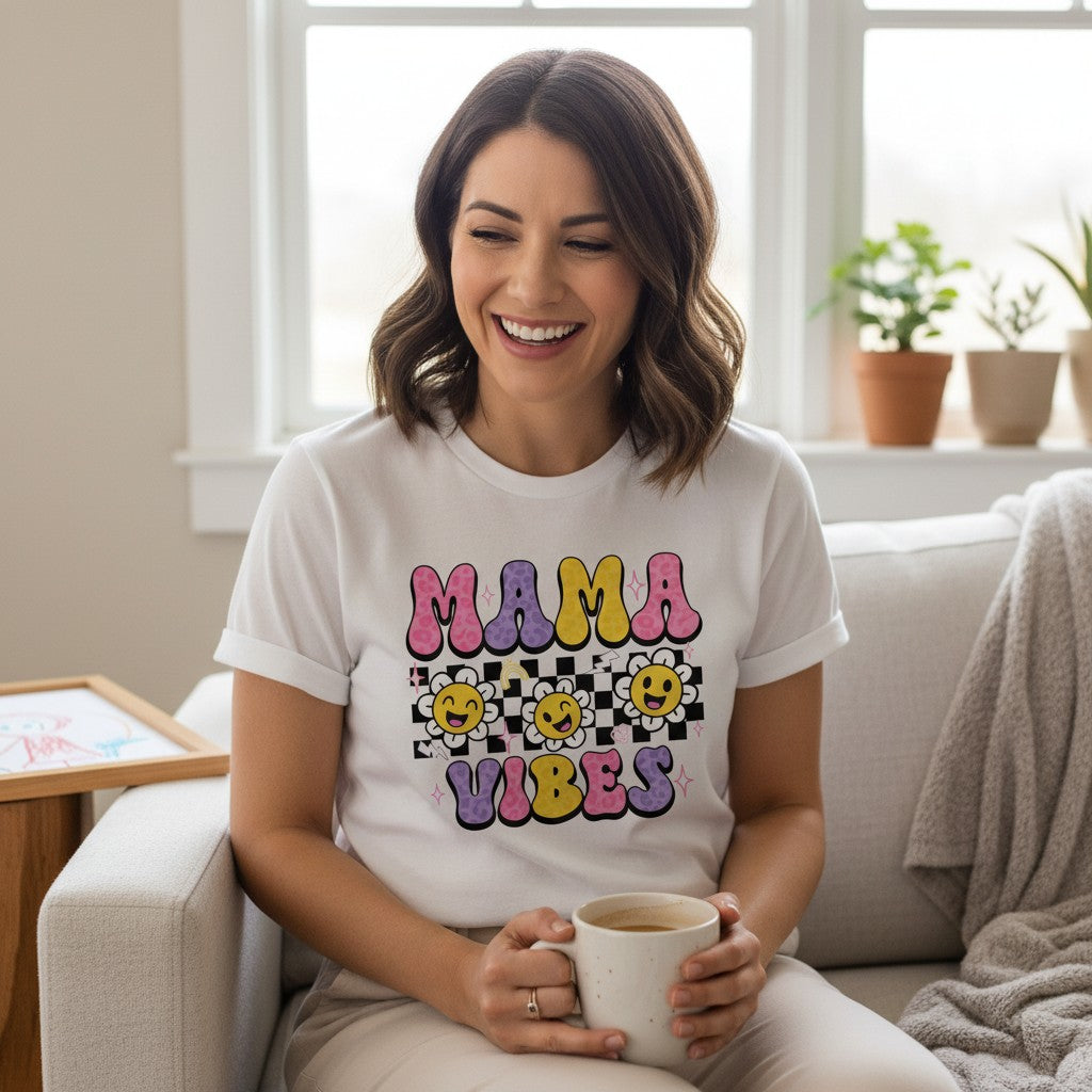 Colorful Smiley Daisies Mama Graphic Tee Soft Ring-Spun Cotton Everyday Style Top