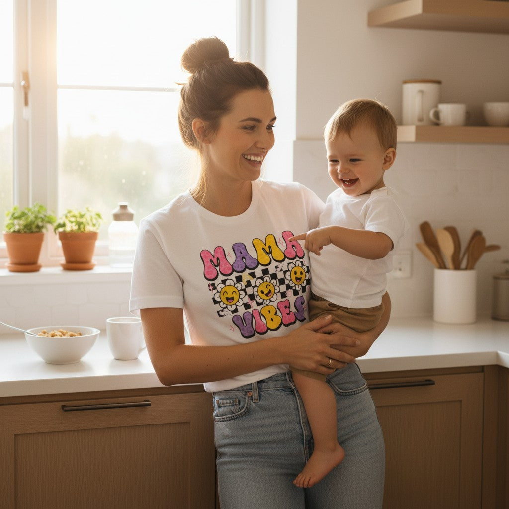 Colorful Smiley Daisies Mama Graphic Tee Soft Ring-Spun Cotton Everyday Style Top