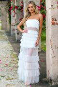 Georgia Maxi Dress - White - Ruffle Tulle Dress With Sheer Detail