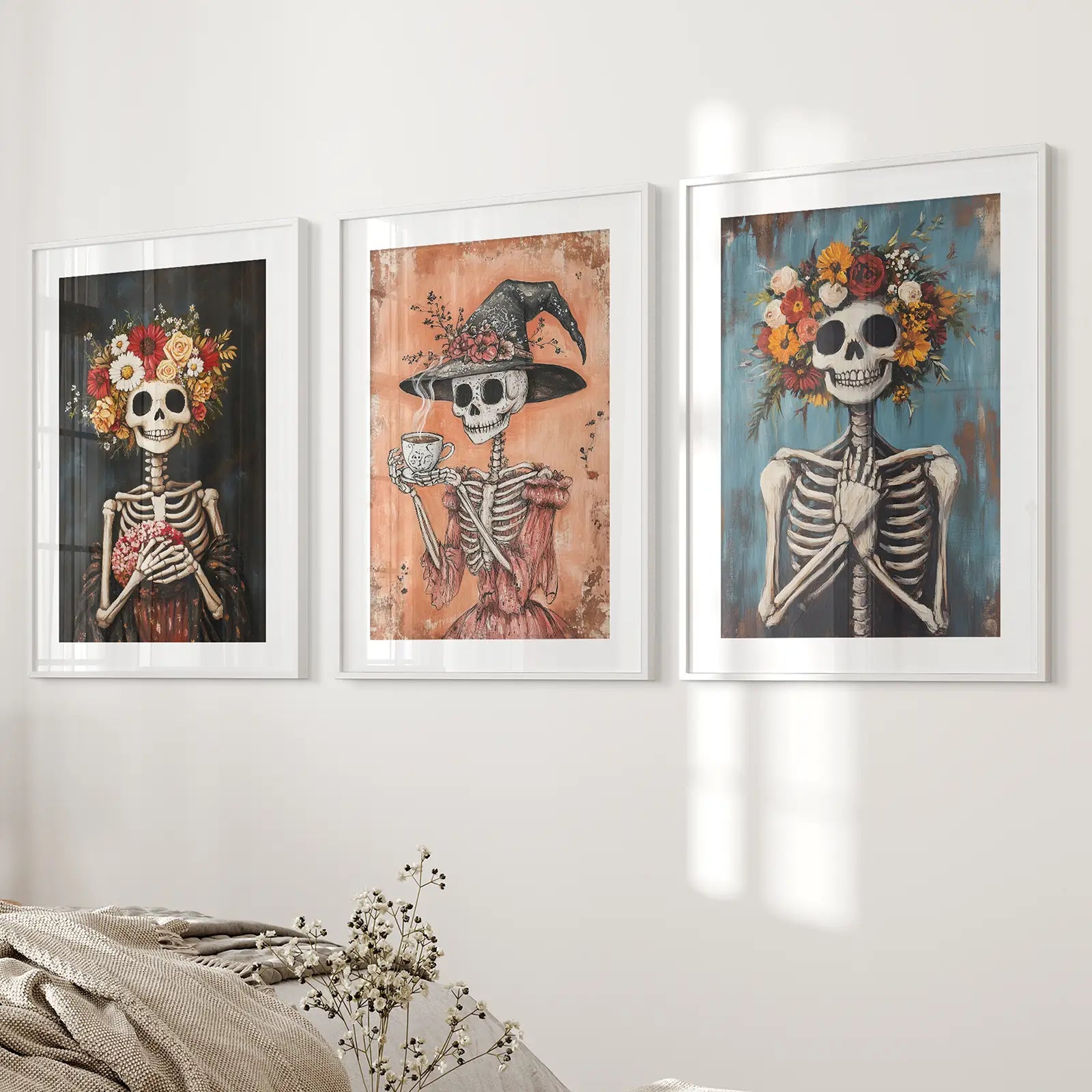 Cozy Floral Skeleton Wall Art Decor Poster Set Wall Art Set