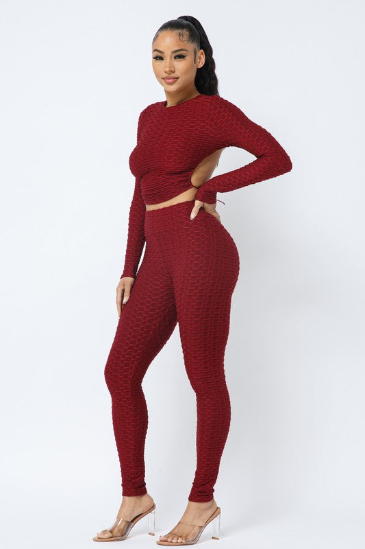 Honeycomb Open Back Leggings Set – Textured 2 Piece Outfit Rose In Concrete 🥀