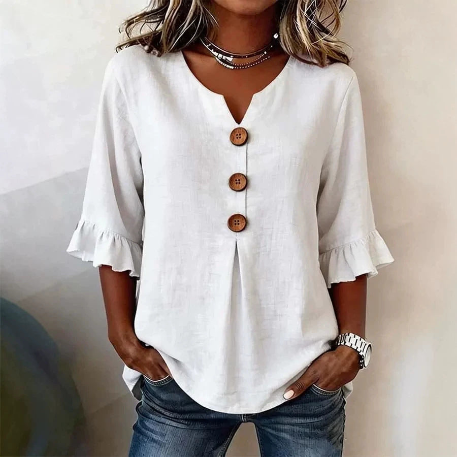 Women's V-Neck Button-Up Blouse — Summer Casual Top FitiqueFit