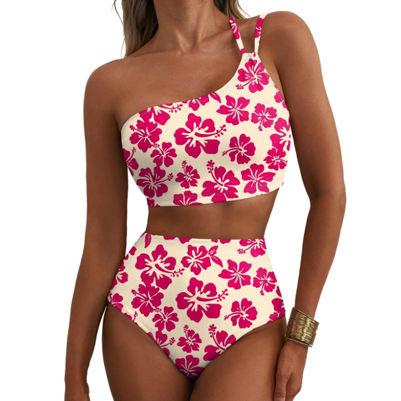 One-Shoulder Floral High-Waisted Bikini Set – Belly-Cinching Two-Piece Swimsuit FitiqueFit