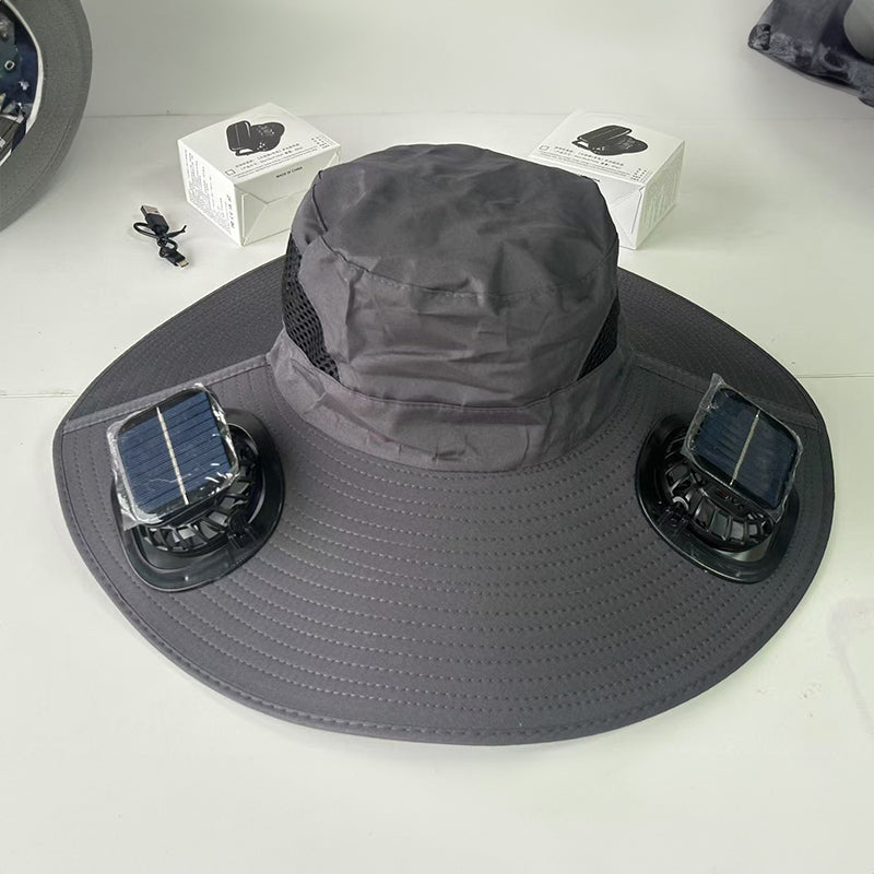 Solar fan hat: wide - brim bucket hat with 2 solar fans, men’s summer cap for outdoor fishing, camping, hiking. V.I.P Digital Presence
