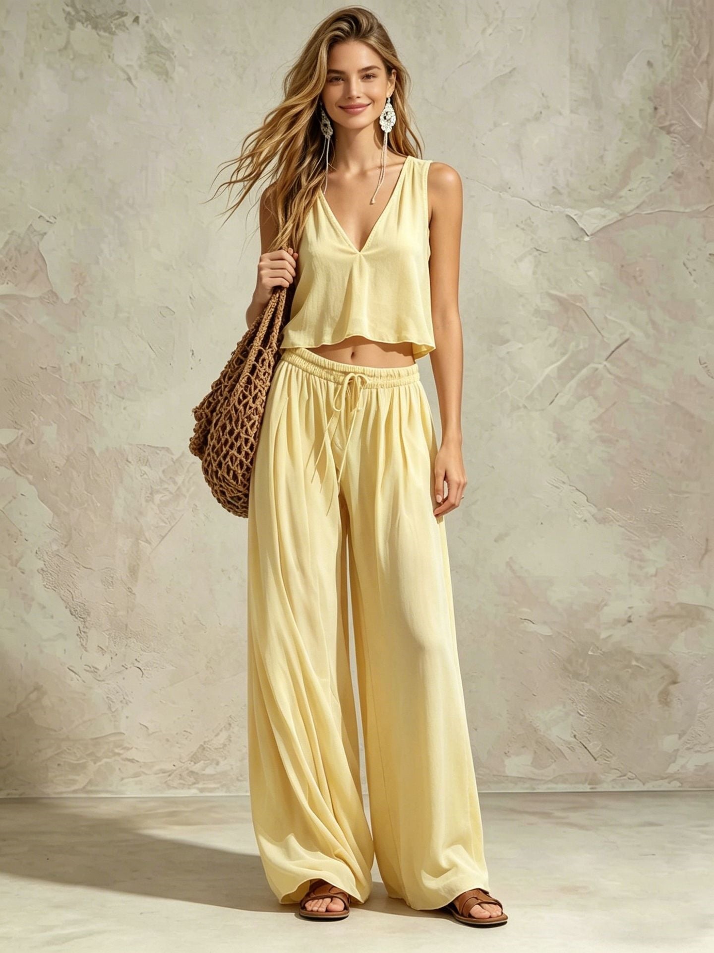 Women's V-Neck Sleeveless Camisole Top & Wide Leg Pants Set FitiqueFit