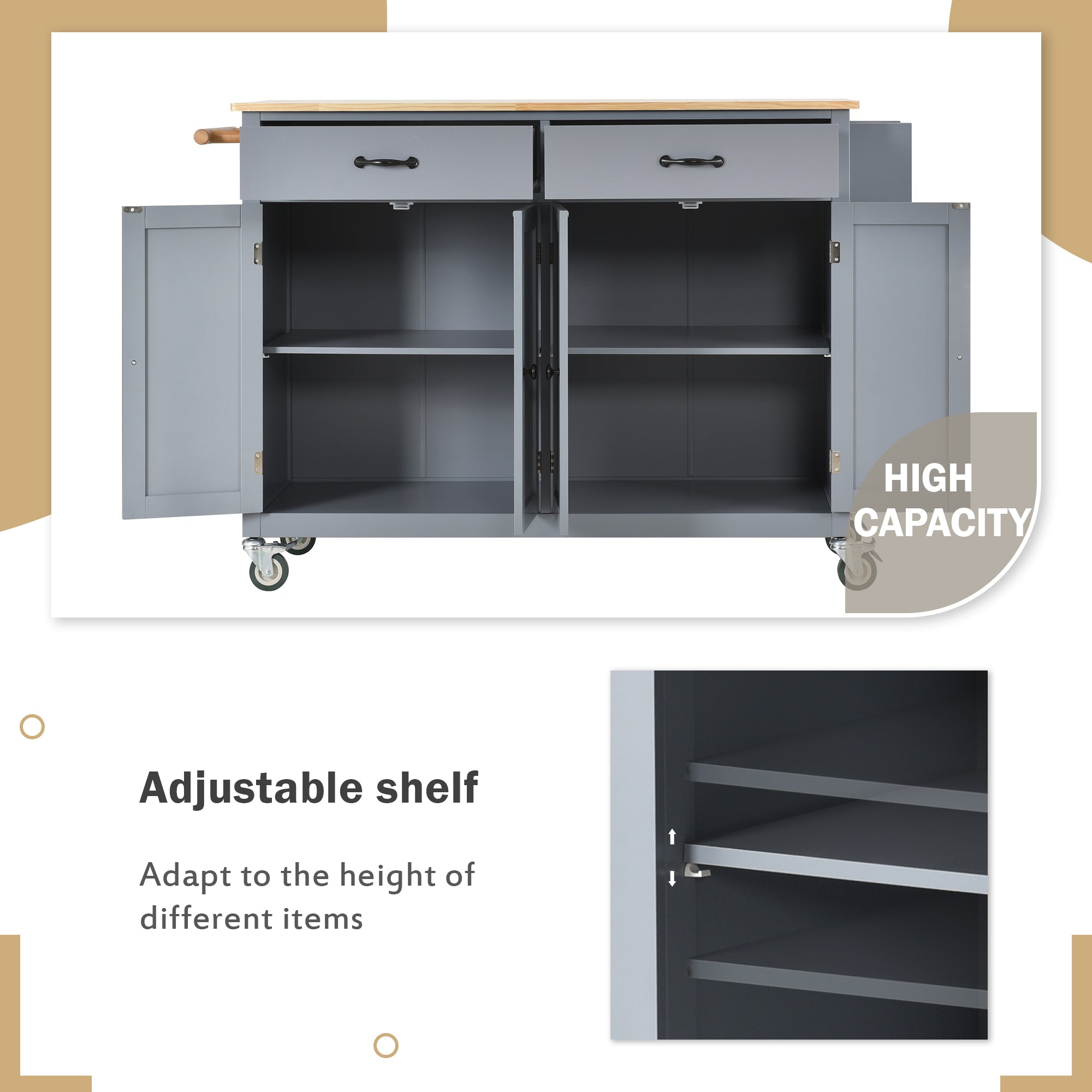 Kitchen Island Cart with Solid Wood Top and Locking Wheels 54.3 Inch Width (Grey Blue)