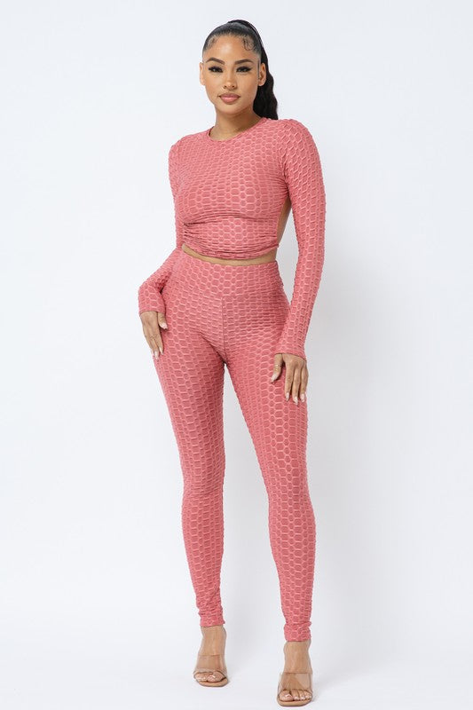 Honeycomb Open Back Leggings Set – Textured 2 Piece Outfit Rose In Concrete 🥀