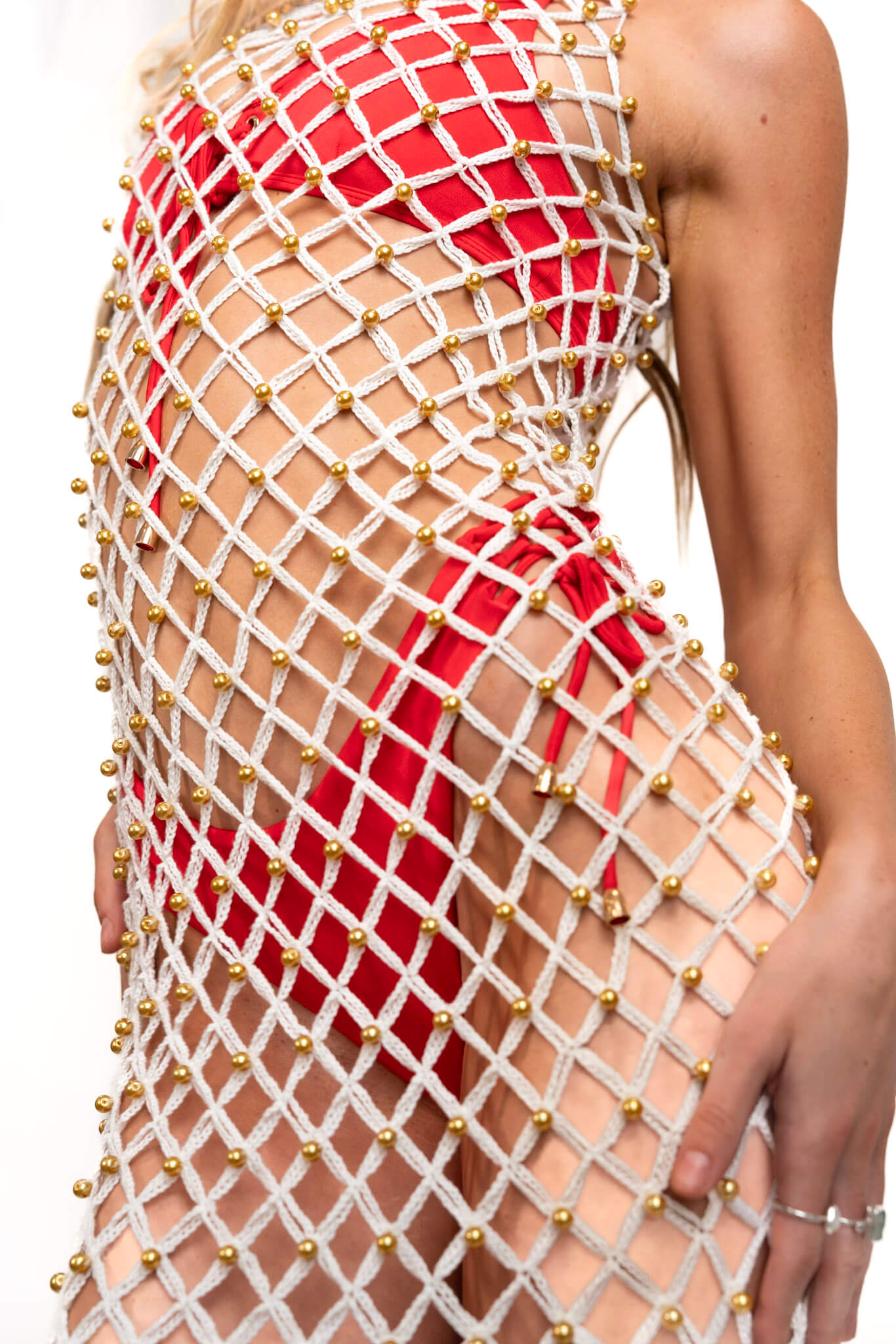 Hand-Woven Crochet Dress with Gold Beads | Cream Live Kolibri