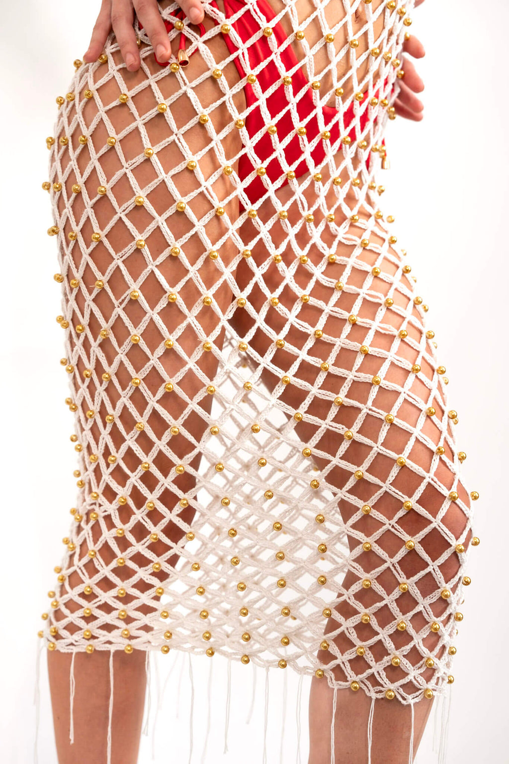 Hand-Woven Crochet Dress with Gold Beads | Cream Live Kolibri
