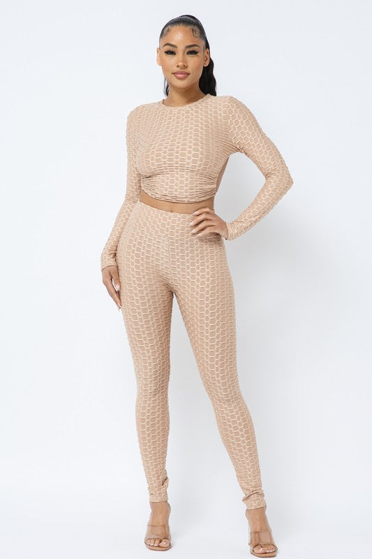 Honeycomb Open Back Leggings Set – Textured 2 Piece Outfit Rose In Concrete 🥀