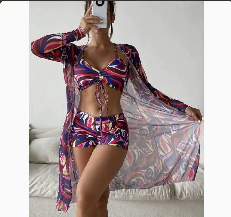 Mesh Cover-Up Three-Piece Swimwear Set – Bikini with Leg-Length Briefs FitiqueFit
