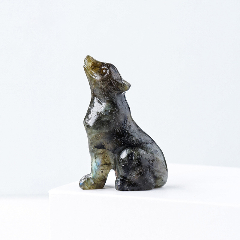 Natural crystal wolf cub carving piece, crystal animal raw stone, mineral specimen, home decoration ornament