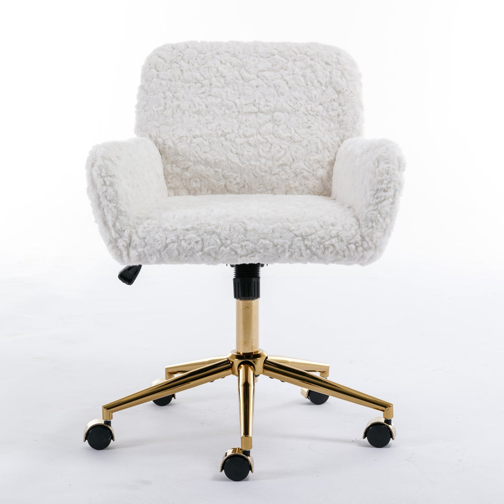 Artificial rabbit hair gold metal base home office chair adjustable chair rotating office chair, dressing chair (beige)