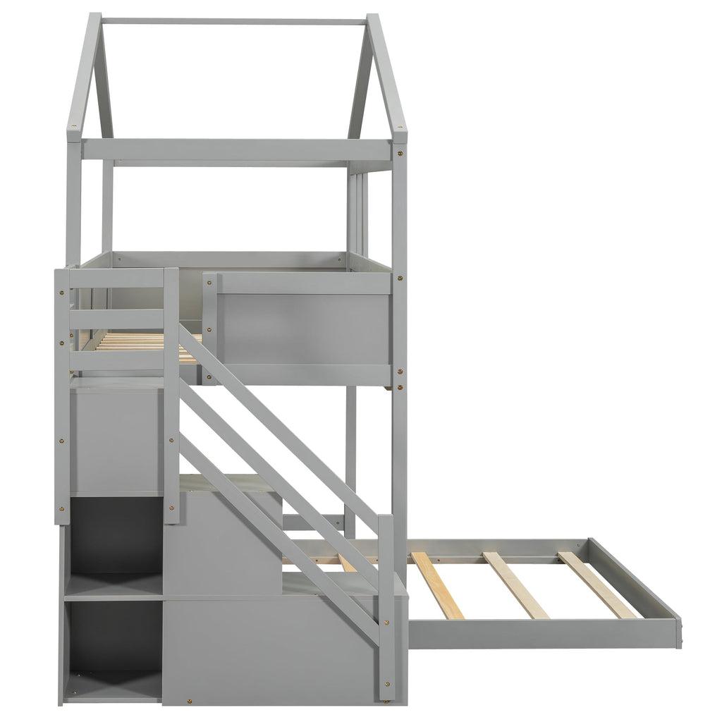 Twin over Full House Bunk Bed with Storage Staircase and Blackboard Gray