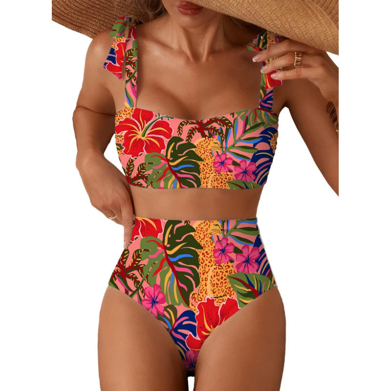 Tie-Shoulder Striped High-Waisted Bikini Set – Two-Piece Swimsuit for Women FitiqueFit