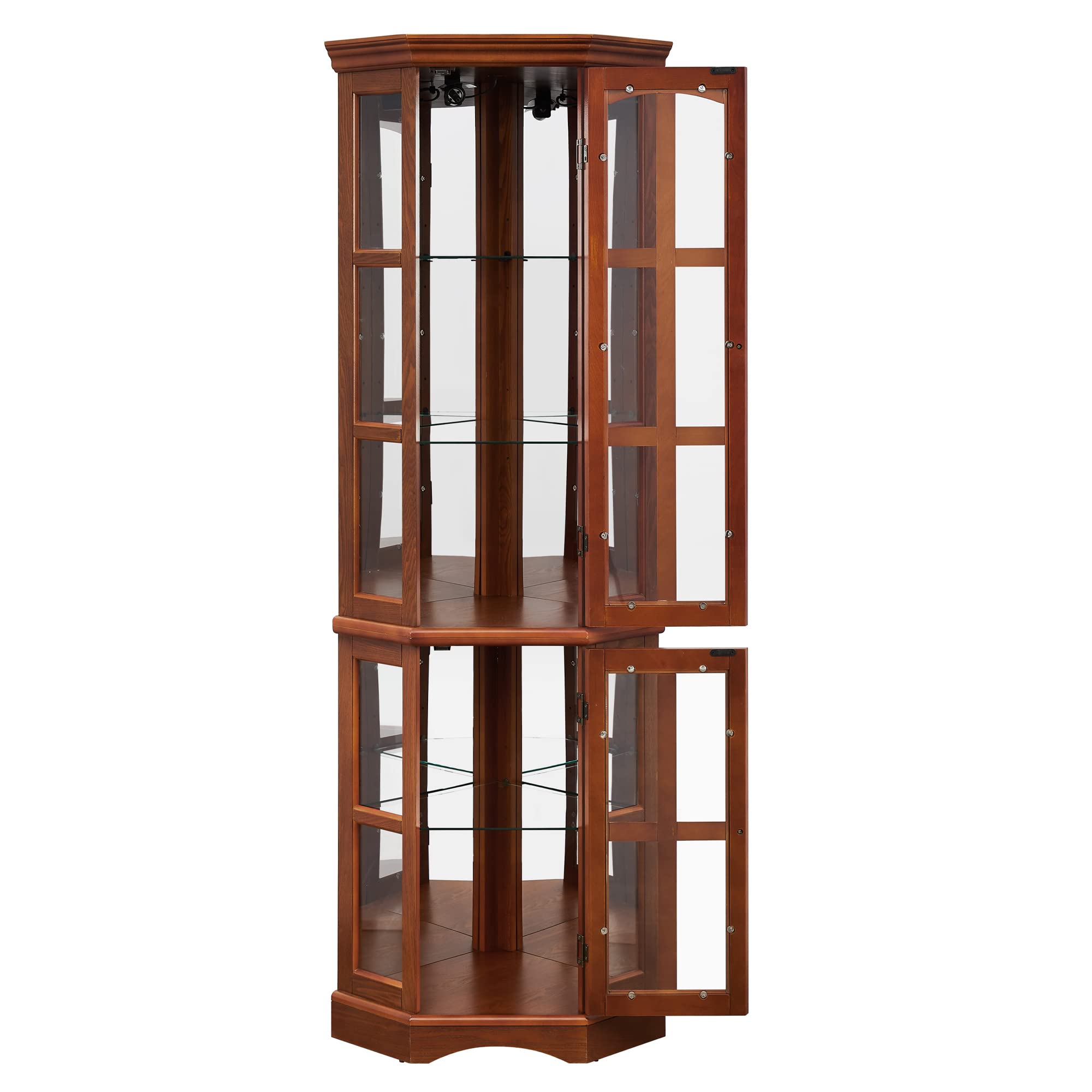 Corner Curio Cabinet with 5 Shelves and Lighting System, Oak(E26 light bulb not included)