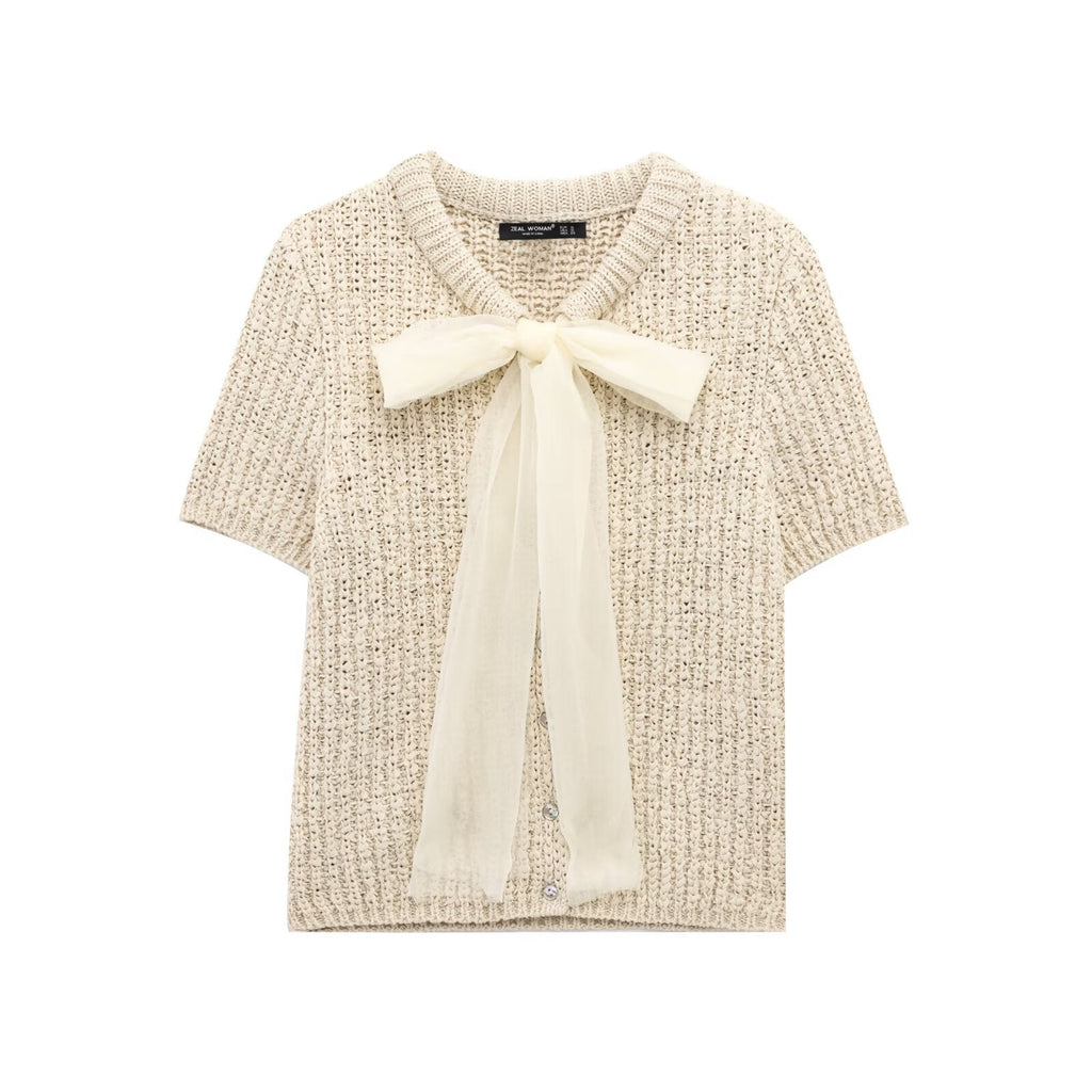 Fashionable transparent stiff yarn bow decoration knitted jacket