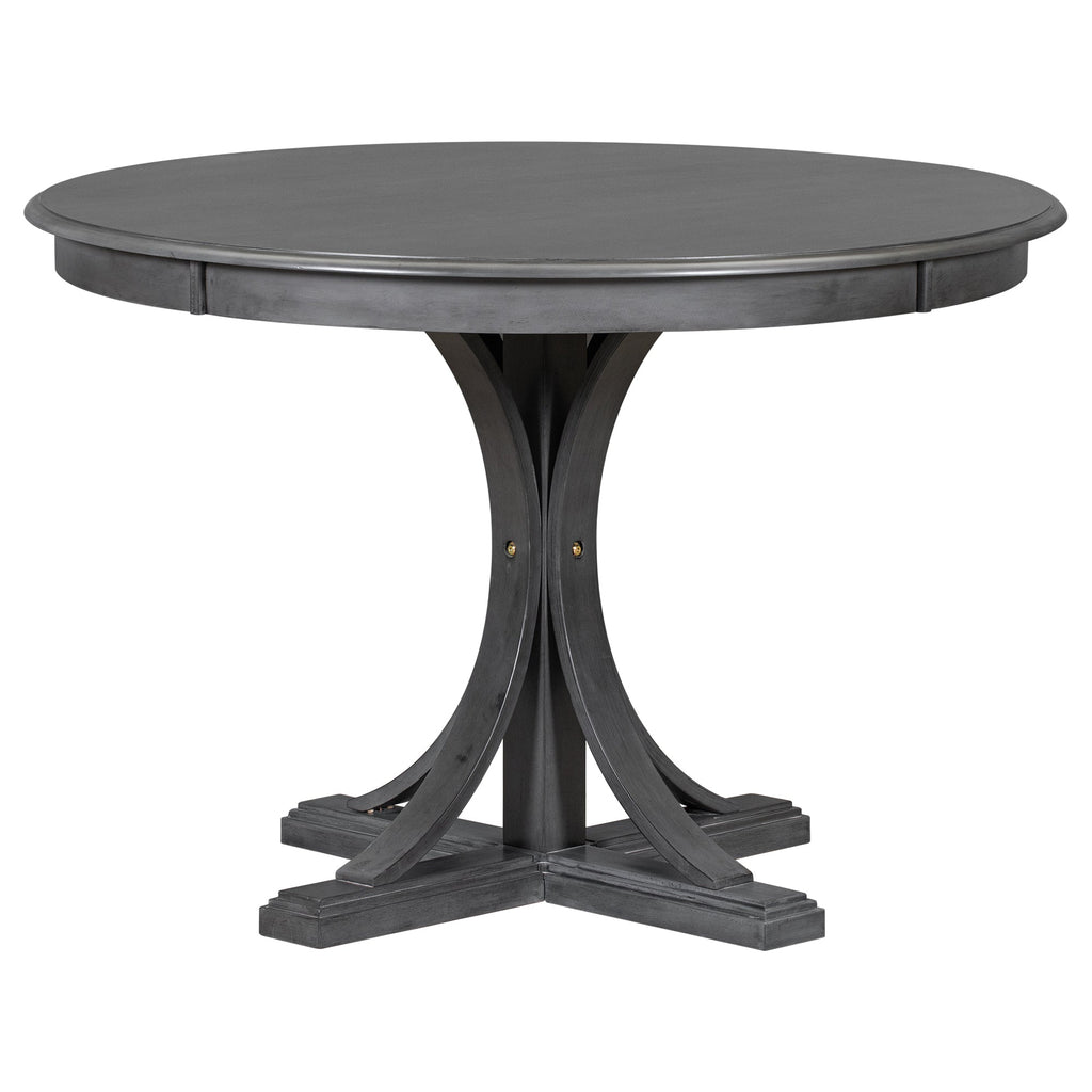 TREXM Five Piece Retro Round Dining Table Set with Curved Brackets and 4 Restaurant Cushioned Chairs (Dark Gray)