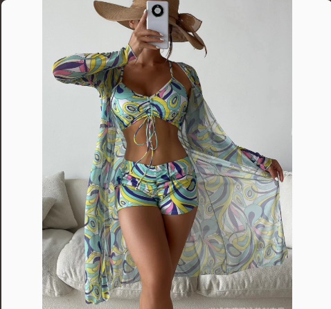 Mesh Cover-Up Three-Piece Swimwear Set – Bikini with Leg-Length Briefs FitiqueFit
