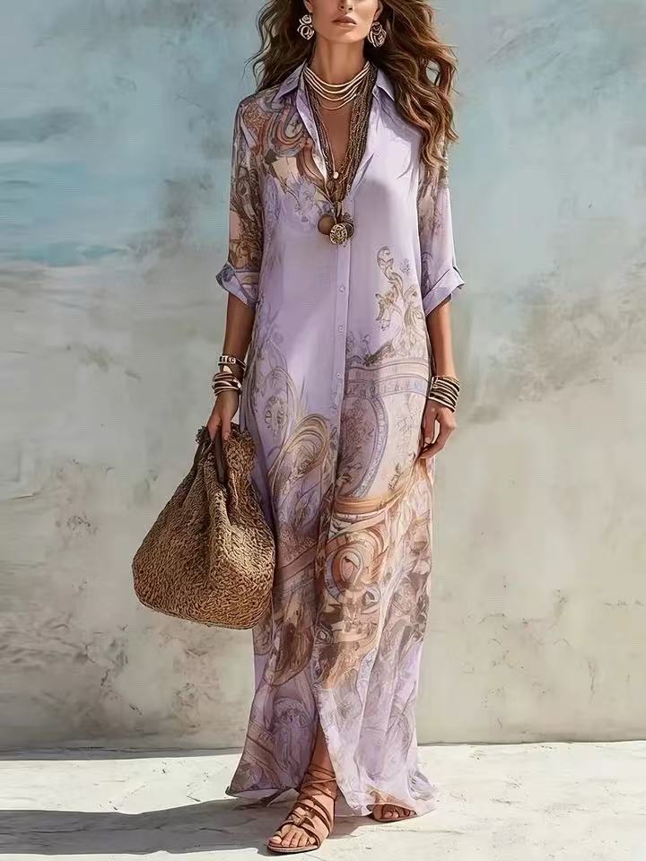 Chiffon Digital Print Vintage Flowy Midi Dress – Women's Button-Front Sundress FitiqueFit