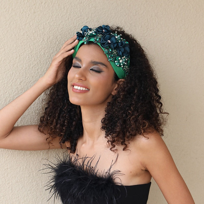 Solid color fabric flower oversized wide edged crystal headband