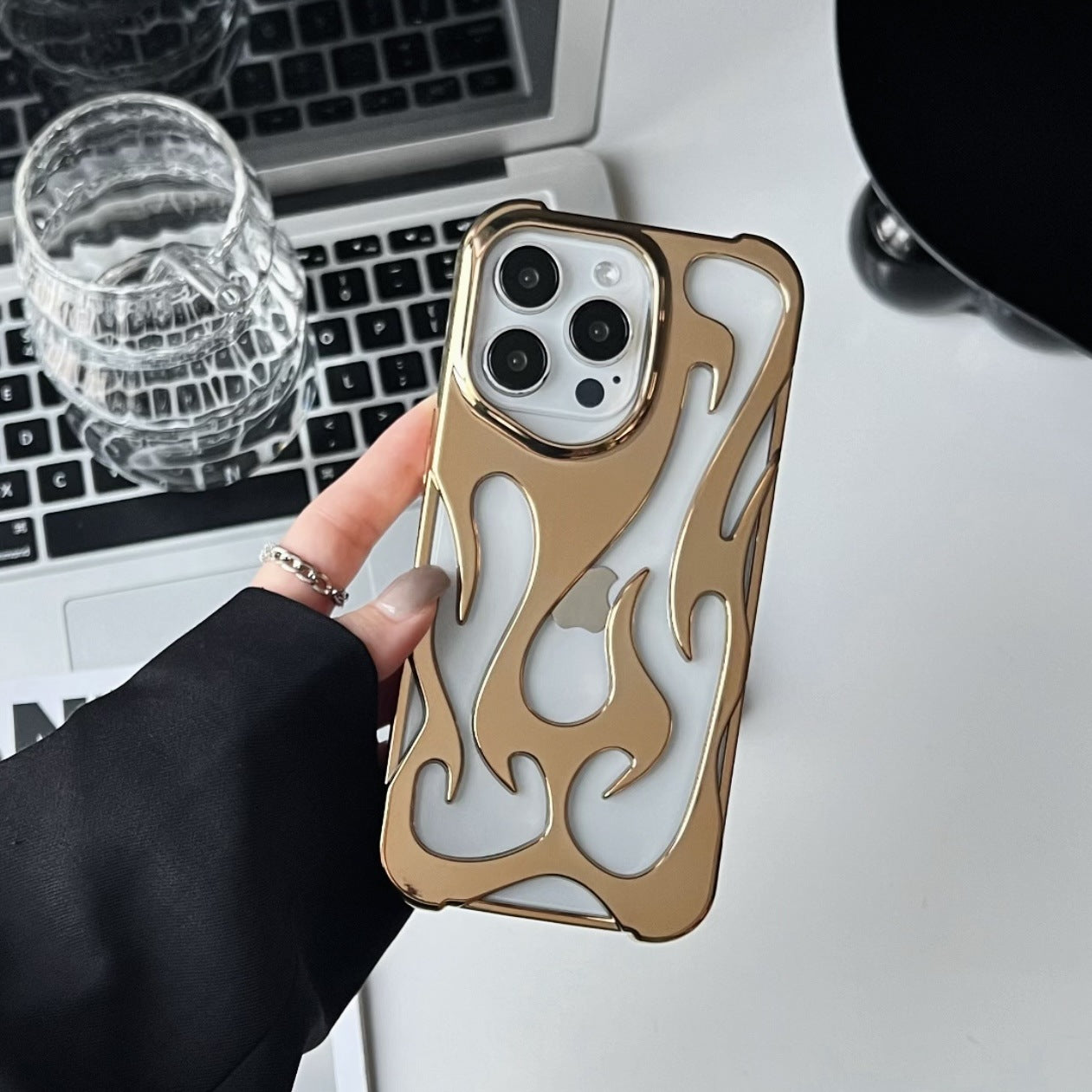 Electroplated hollow flame pattern phone case suitable for iPhone 15 Pro, simple all inclusive, Apple 14 anti drop protective cover V.I.P Digital Presence