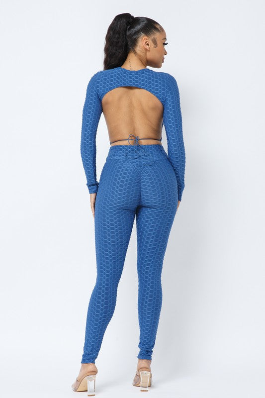 Honeycomb Open Back Leggings Set – Textured 2 Piece Outfit Rose In Concrete 🥀