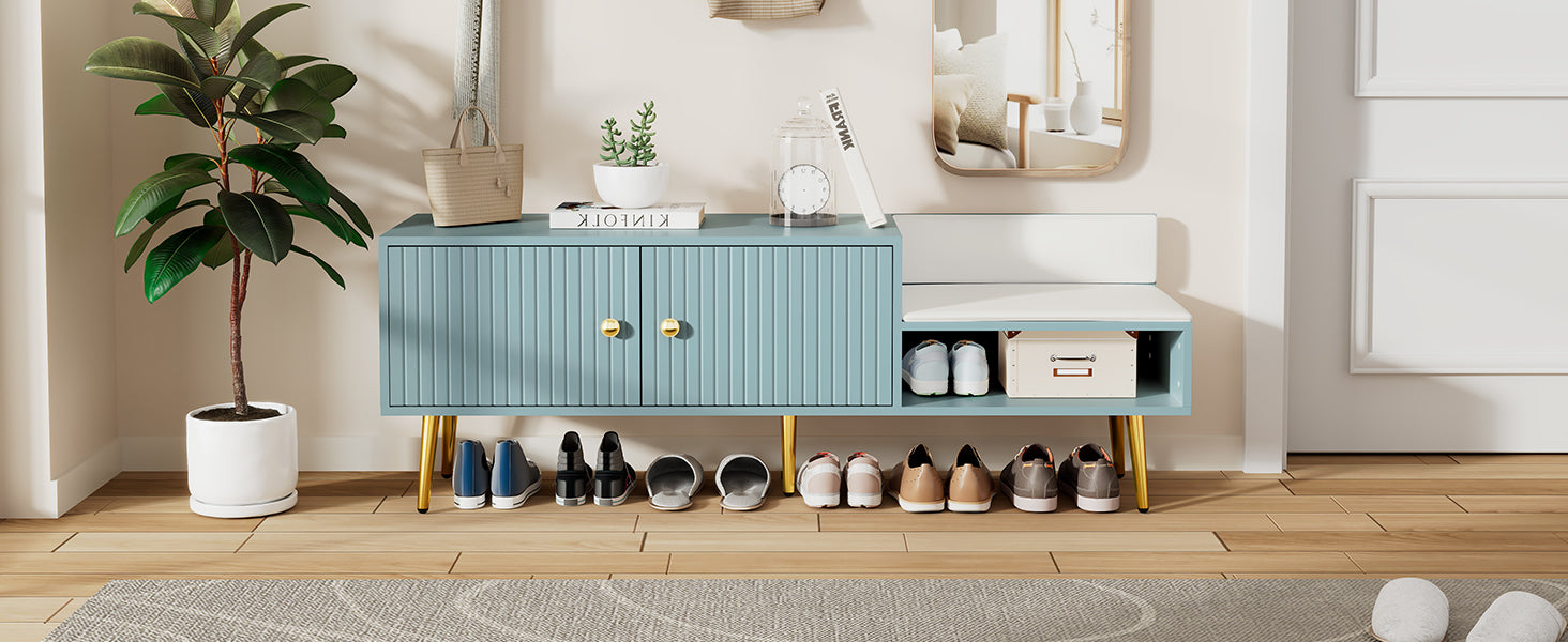 Modern Shoe Storage Bench with Hidden Storage and Upholstered Cushions for Bedside, Living Room and Entryway (Tiffany Blue)
