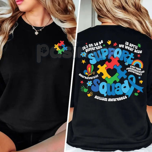 "Family Autism Support Squad" Inclusion T-Shirt – Neurodiversity Awareness Graphic Tee, Premium 100% Cotton Autism Mom Top, Soft Lived-In Heavyweight Squad Member Shirt, Made in USA Pasimax