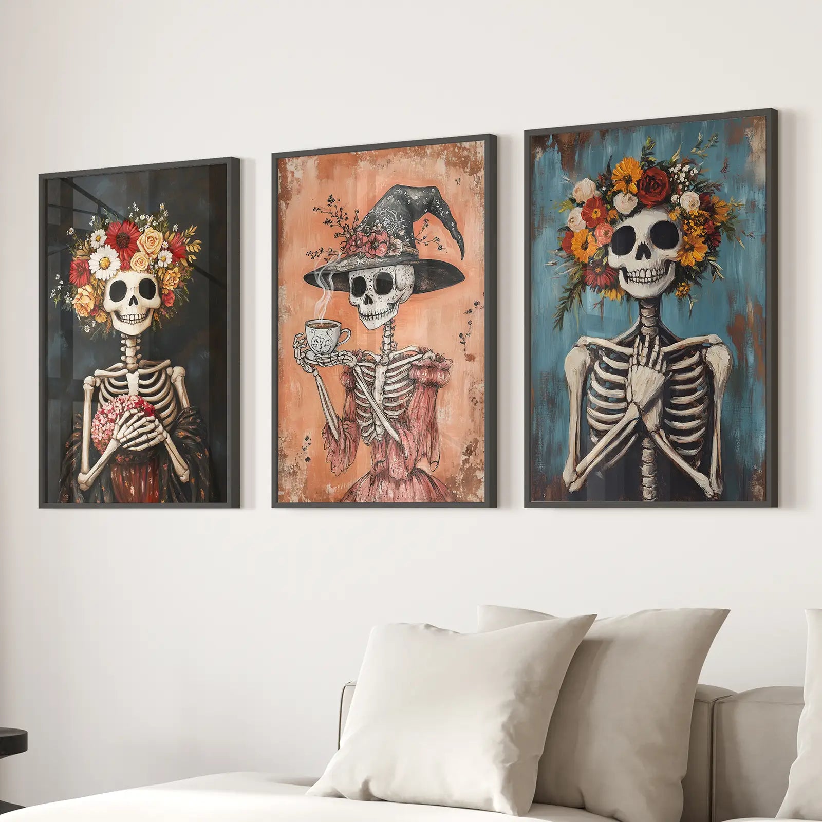 Cozy Floral Skeleton Wall Art Decor Poster Set Wall Art Set