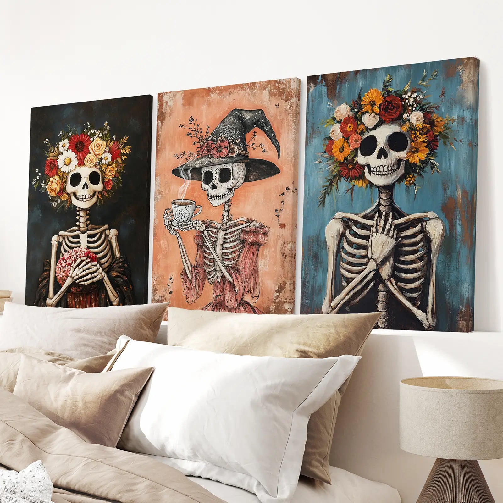 Cozy Floral Skeleton Wall Art Decor Poster Set Wall Art Set