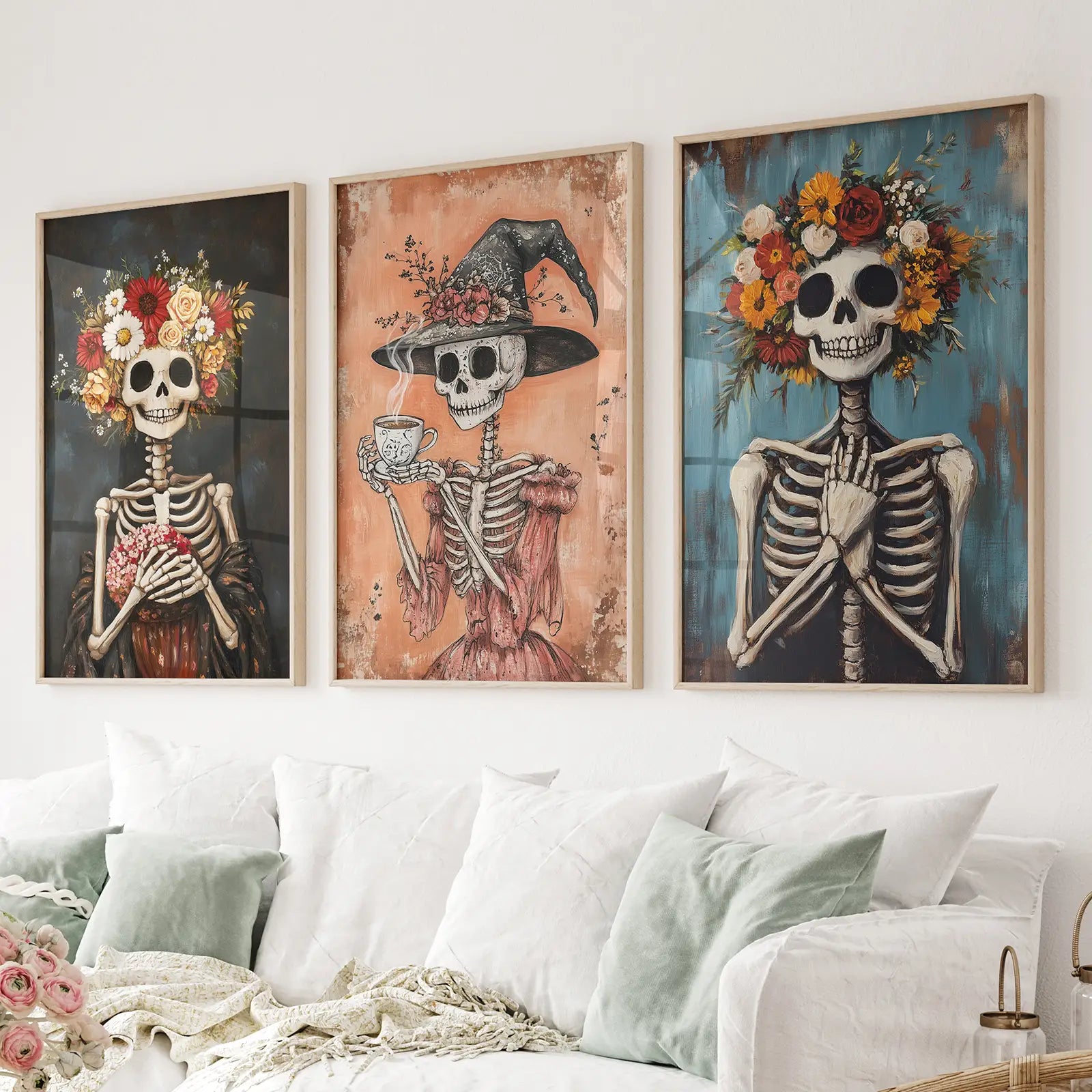 Cozy Floral Skeleton Wall Art Decor Poster Set Wall Art Set