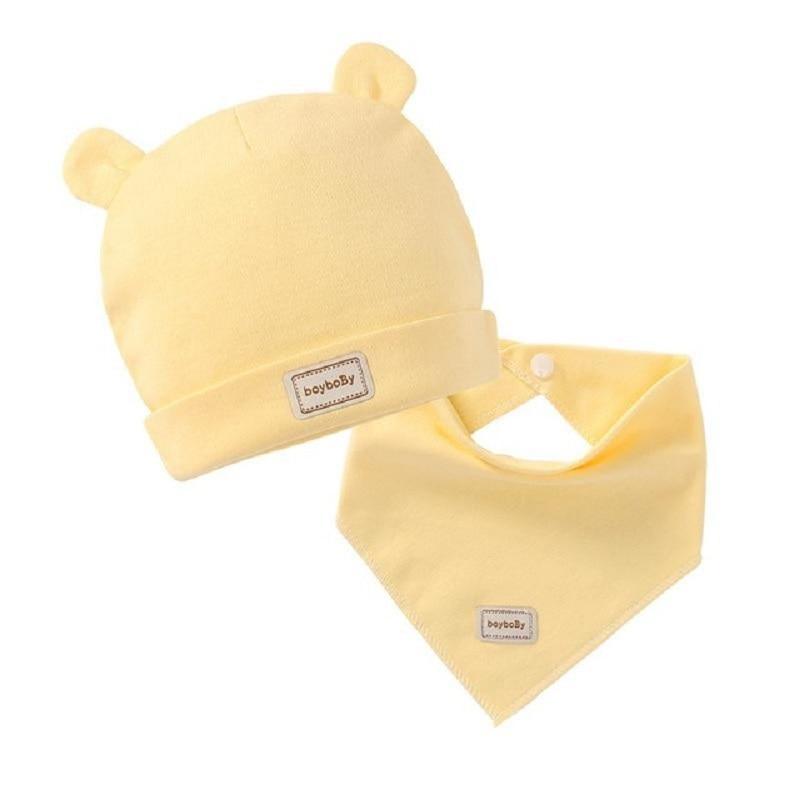 Elastic headscarf double layer cotton baby caps hats with baby bibs set for newborn infant Candy Color Stevvex