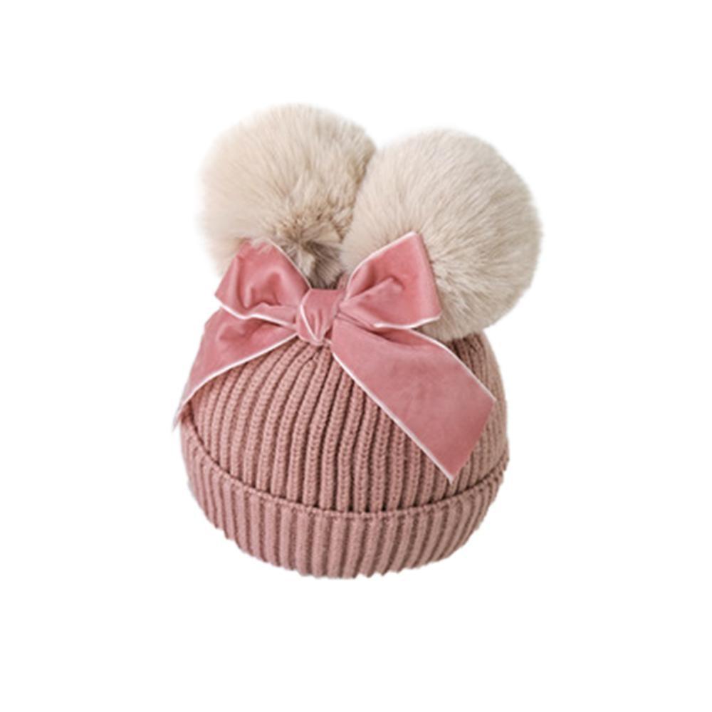 Baby Double Pompom Knitted Hat For Baby Girl Warm Thicker Children Infant Beanie Cap In elegant Winter Modern Deisgn With Big Bow Stevvex