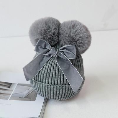 Baby Double Pompom Knitted Hat For Baby Girl Warm Thicker Children Infant Beanie Cap In elegant Winter Modern Deisgn With Big Bow Stevvex