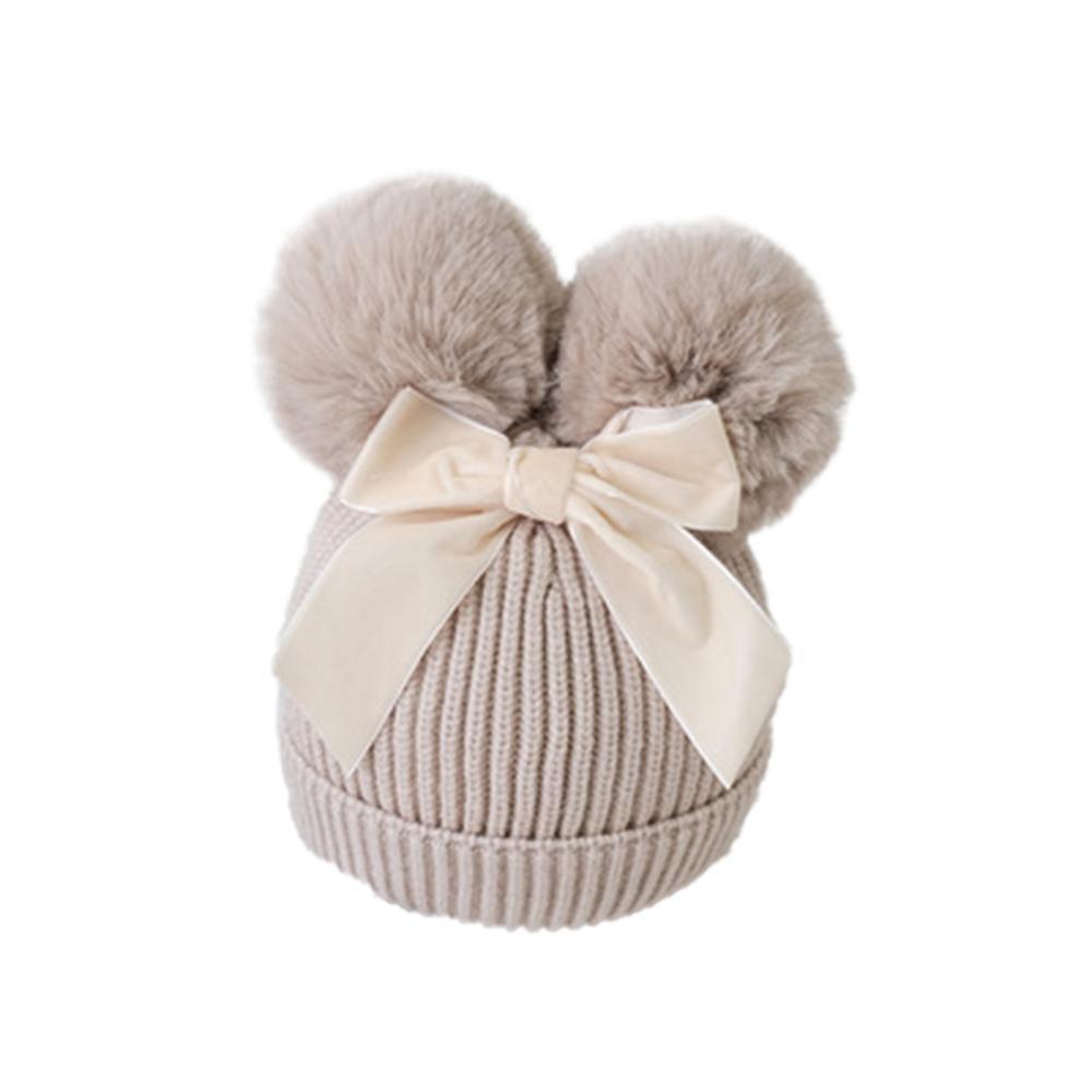 Baby Double Pompom Knitted Hat For Baby Girl Warm Thicker Children Infant Beanie Cap In elegant Winter Modern Deisgn With Big Bow Stevvex