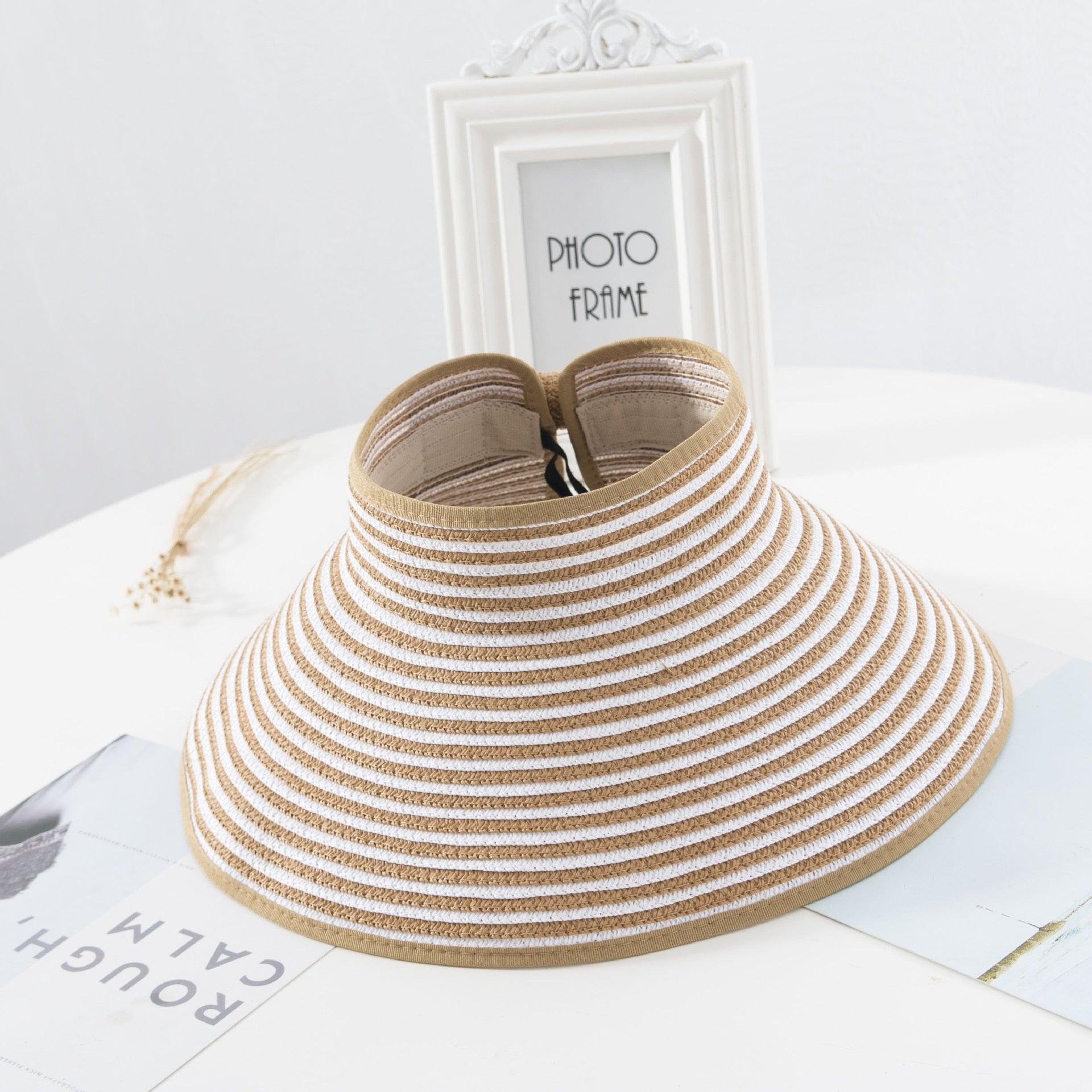 New Women Summer Visors Hat Foldable Sun Hat Wide Large Retro Hat Women's Adjustable Packable Roll-Up Visor Fashion Beach Hats Straw Hat Beach UV Protection Cap Stevvex