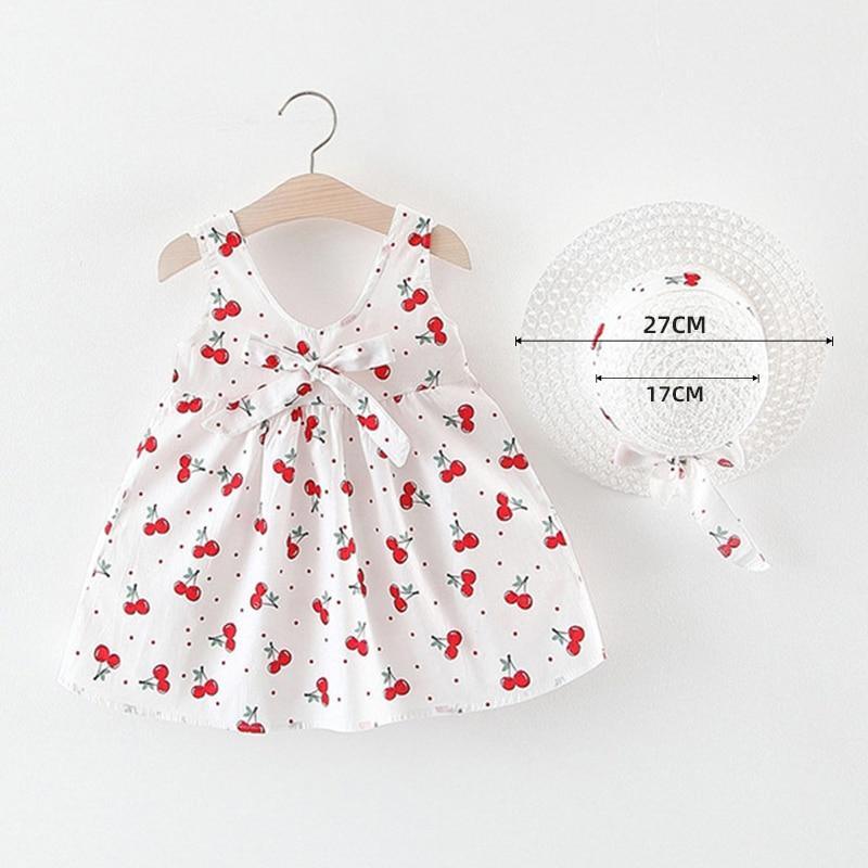 Luxury Modern Baby Girls Dresses With Hat 2pcs Clothes Sets Kids Clothes Baby Sleeveless Dress Print Floral Fruit Design Style Stevvex