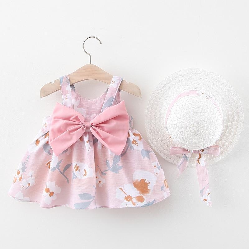Luxury Modern Elegant Summer Bow Print Dress With Hat 2 piece Baby Clothes Suits Newborn Toddler Dress Stevvex