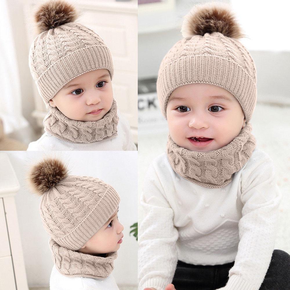 Trend New Toddler Hat Baby Girls and Boys Winter Warm Knitted Wool Hemming Hat Beanie Cap and Warm Scarf Stevvex