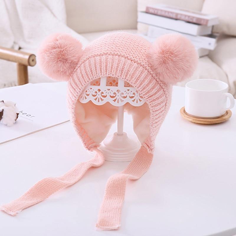 Handmade Modern Trend Winter  Christmas Knitted Baby Hat Cute Double Pompom Infant Baby Boy Girl Cap Ear Protection Hats Kids Children Cap Stevvex