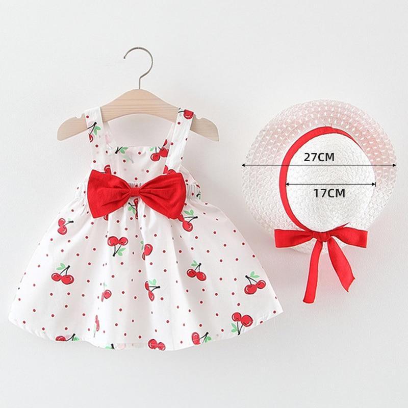 Luxury Modern Baby Girls Dresses With Hat 2pcs Clothes Sets Kids Clothes Baby Sleeveless Dress Print Floral Fruit Design Style Stevvex