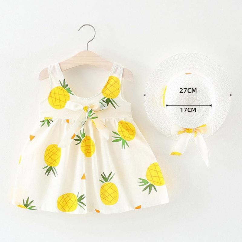 Luxury Modern Baby Girls Dresses With Hat 2pcs Clothes Sets Kids Clothes Baby Sleeveless Dress Print Floral Fruit Design Style Stevvex