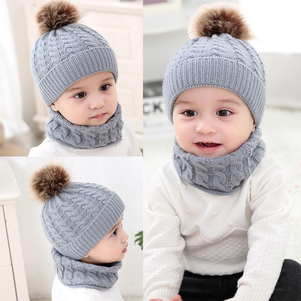 Trend New Toddler Hat Baby Girls and Boys Winter Warm Knitted Wool Hemming Hat Beanie Cap and Warm Scarf Stevvex