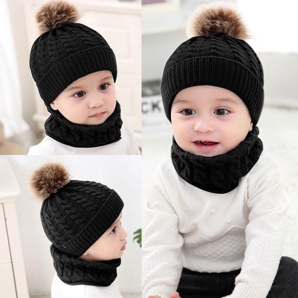 Trend New Toddler Hat Baby Girls and Boys Winter Warm Knitted Wool Hemming Hat Beanie Cap and Warm Scarf Stevvex