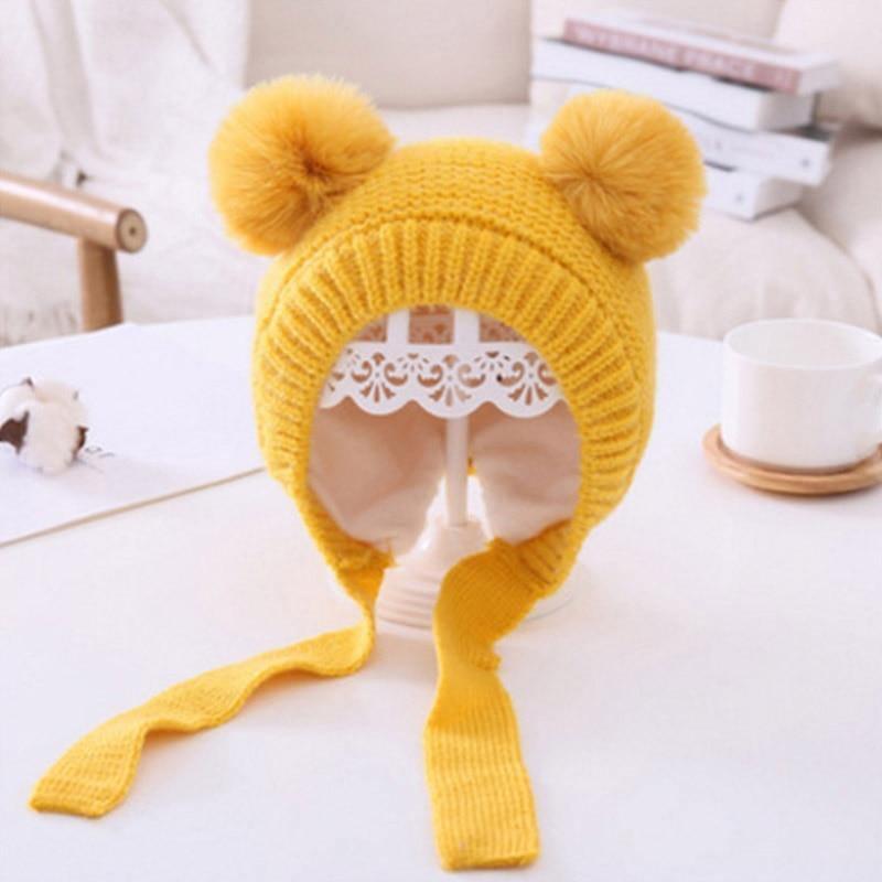 Handmade Modern Trend Winter  Christmas Knitted Baby Hat Cute Double Pompom Infant Baby Boy Girl Cap Ear Protection Hats Kids Children Cap Stevvex