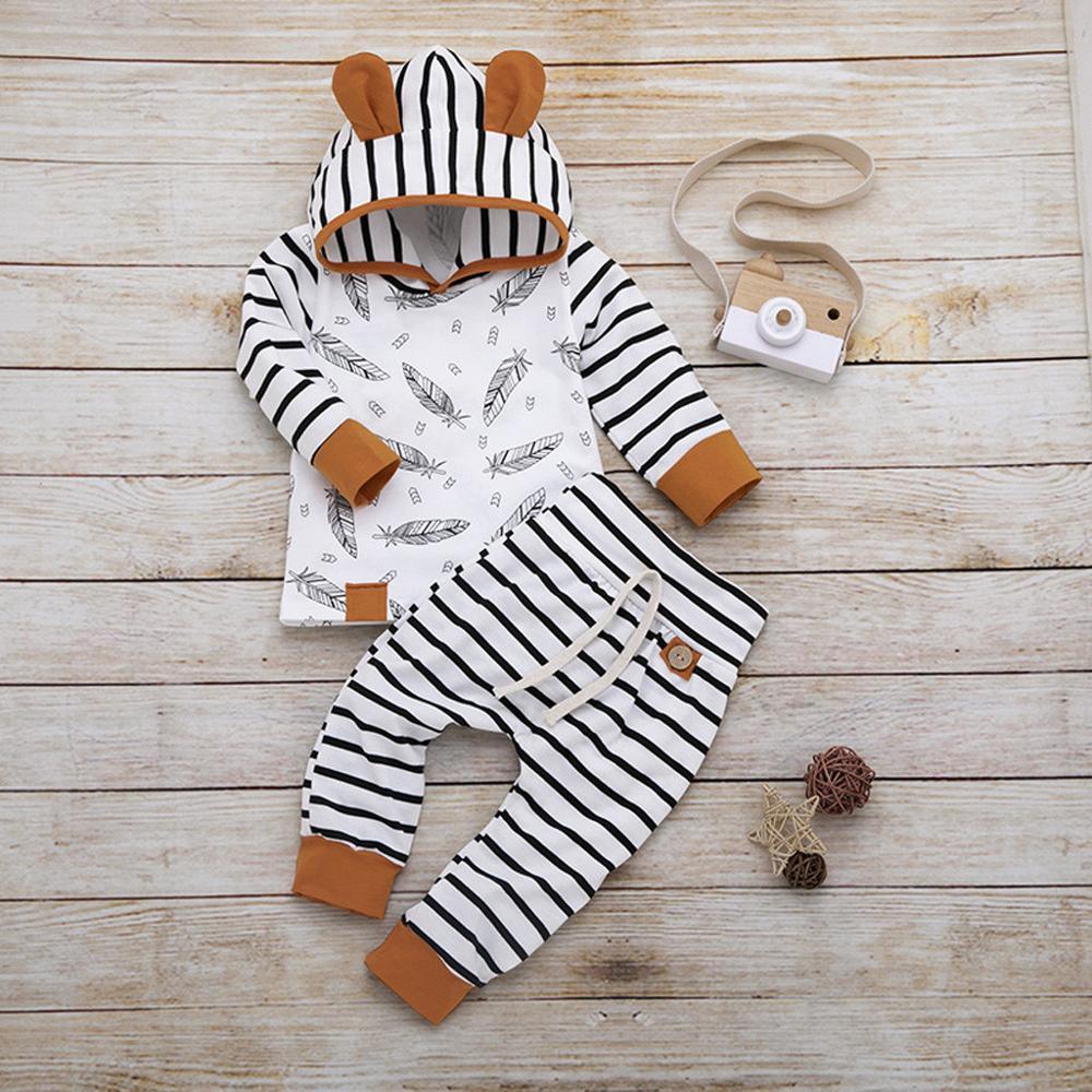 Modern Newborn Baby Boy Clothes Feather T shirt Tops Strip Pants Set For Kids Stevvex