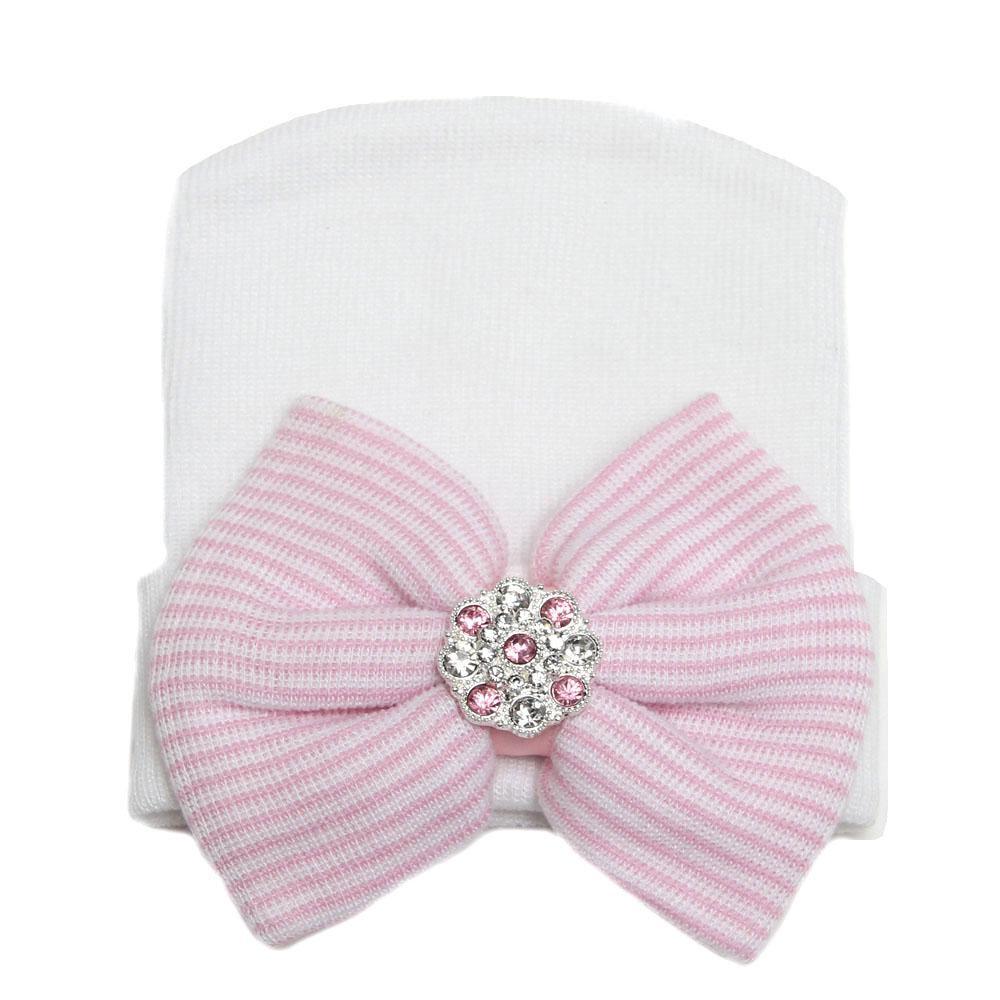 Modern Luxury Baby Girl Cotton Knit Striped Baby Caps With Big Bow For Baby Girls In Elegant Style Stevvex