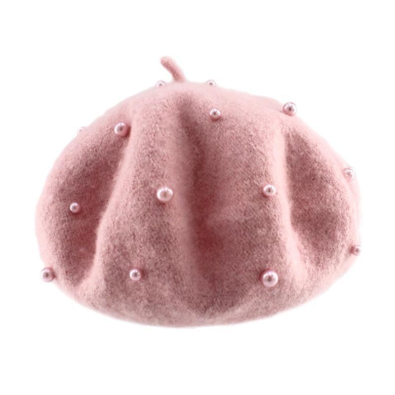 Modern Art Wool Baby Hat with Pearls Cat Candy Color Retro Baby Girl Cap Kids Beret Hats for Girls Stevvex